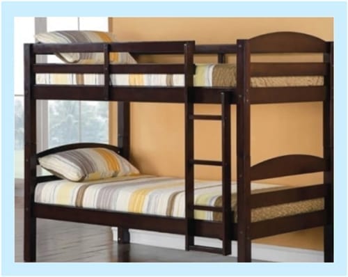 A wooden bunk bed